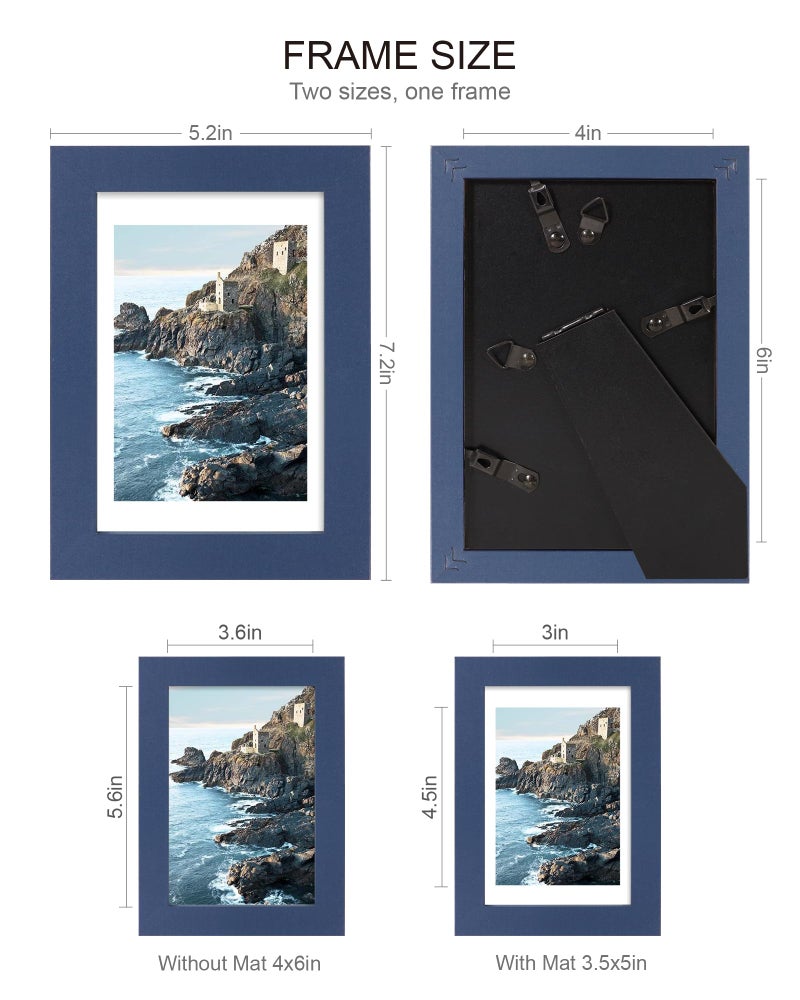 Hongkee إطار صورة Hongkee مقاس 4×6 (4 عبوات، أزرق)، مصنوع من الزجاج الحقيقي وإطار خشبي - صور عرض 3.5×5 مع حصيرة أو 4×6 بدون حصيرة، إطارات صور 4 × 6 عرض على سطح الطاولة وتركيب على الحائط - Image 2